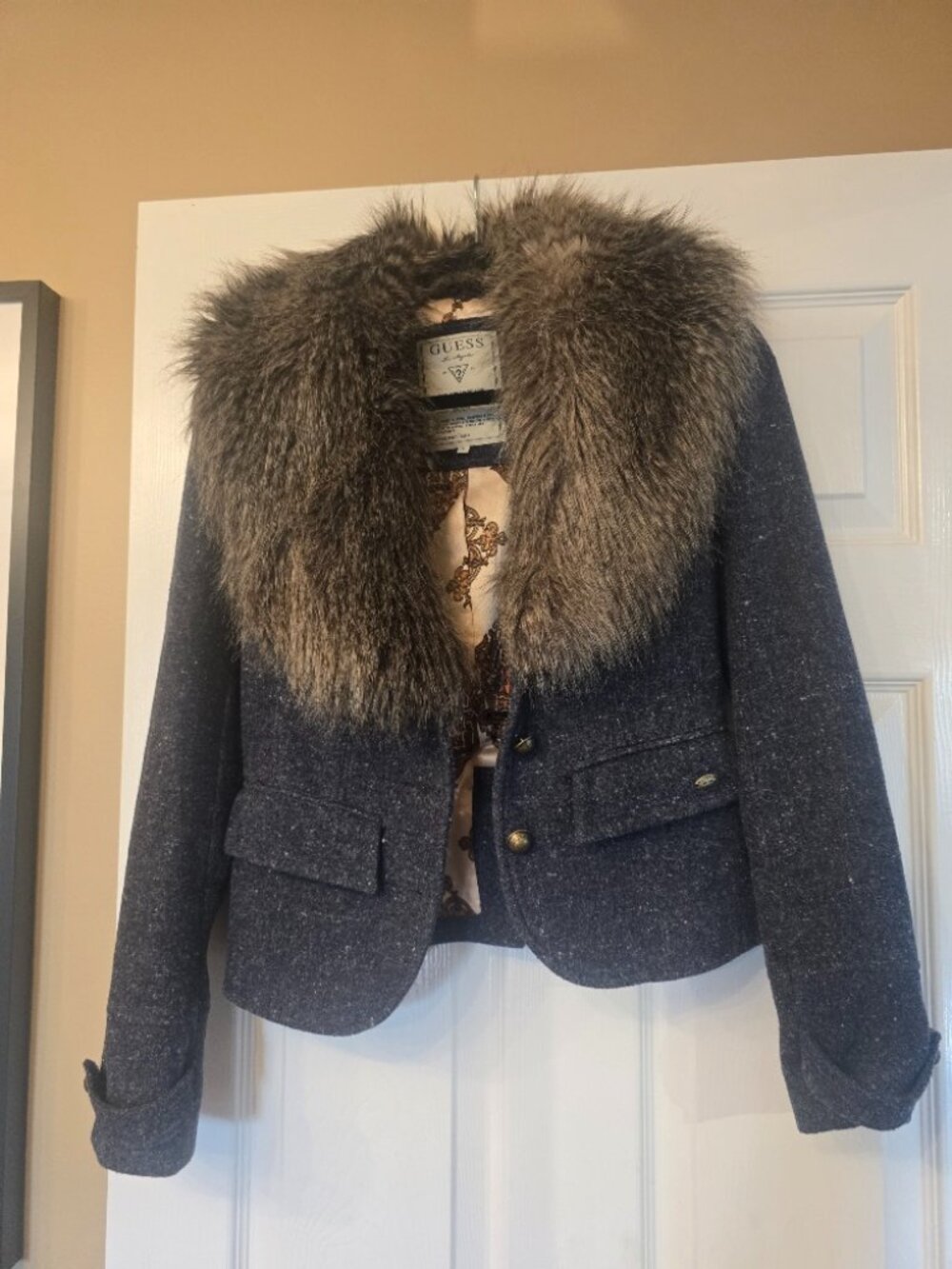 GUESS Cropped Tweed Blazer with Removable Faux Fur Collar